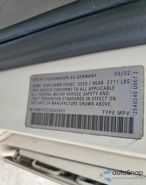 2003 Volkswagen Eurovan Mv z USA, uszkodzony, nr VIN WV2MB47023H025823